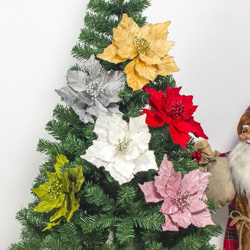 Large Artificial Flowers for Christmas Decor Glitter Poinsettia Fake Flowers DIY Home Xmas New Year Decoration Flower Wedding