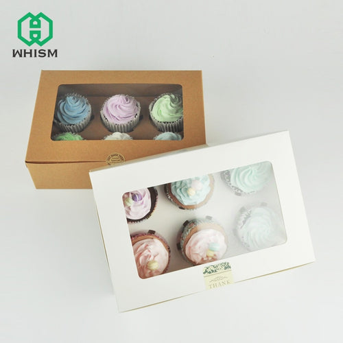 WHISM 2/4/6 Holes Cupcake Muffin Box with Window Kraft Paper Boxes Dessert Macaron Cookies Candy Snack Packing for Gift Party